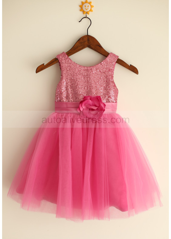 Hot Pink Sequin Sleeveless Flower Girl Dress